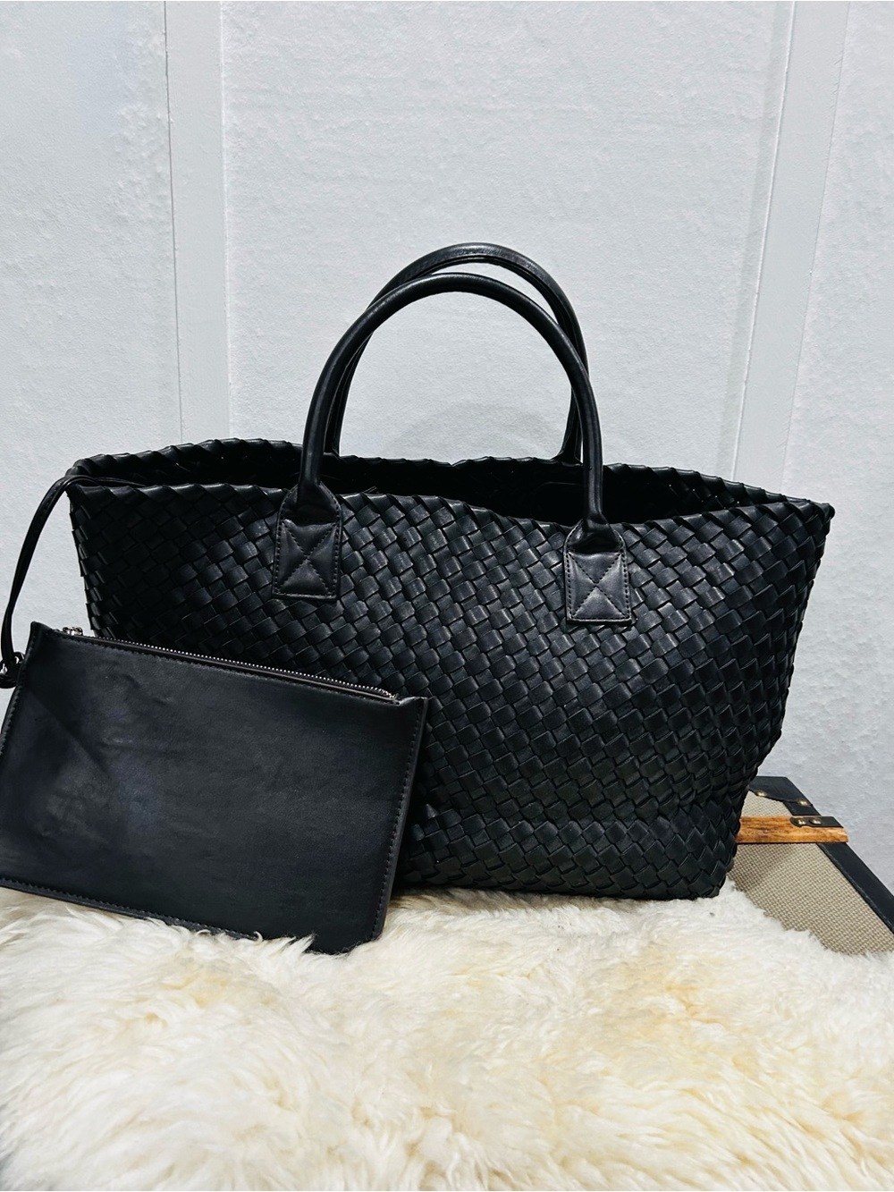 Woven Tote Bag with Removable Pouch - Black 15”Lx 7W x 12”H
